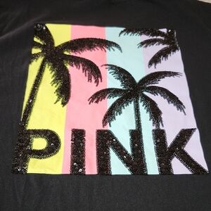 VS PINK 2020 RAINBOW BLACK SEQUINS TROPICAL PLAMS CAMPUS CREW TEE-SHIRT